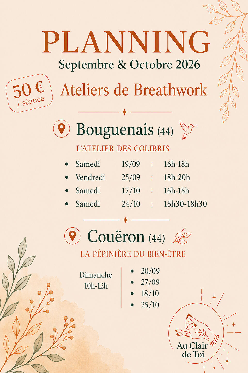 Agenda des évènements Tous les évènements et ateliers de Breathwork proposés dans le 44 ou 29.